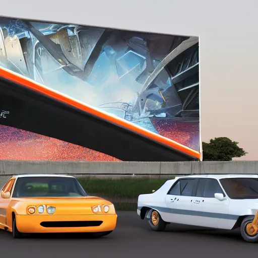 Image similar to sci-fi cars 30% of canvas in center and wall near structure on the coronation of napoleon painting and digital billboard in the middle and everything in style of zaha hadid and suprematism forms unreal engine 5 keyshot octane artstation trending ultra high detail ultra photo realistic 8k 16k in plastic dark tilt shift