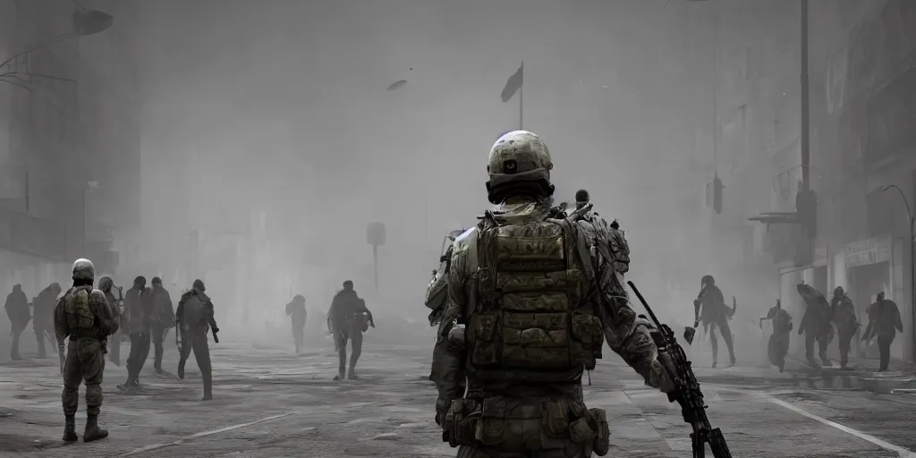 Image similar to cinematic, concept art, hyper realistic, symbolism, a special forces soldier stands facing the camera with a crowd of rioters supporting him, foggy, depth of field, 8k, 35mm film grain, unreal engine 5 render