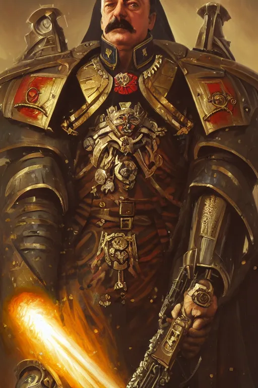 Image similar to igor ivanovich strelkov as warhammer 4 0 k emperor, realistic portrait, symmetrical, highly detailed, digital painting, artstation, concept art, smooth, sharp focus, illustration, cinematic lighting, art by artgerm and greg rutkowski and alphonse mucha