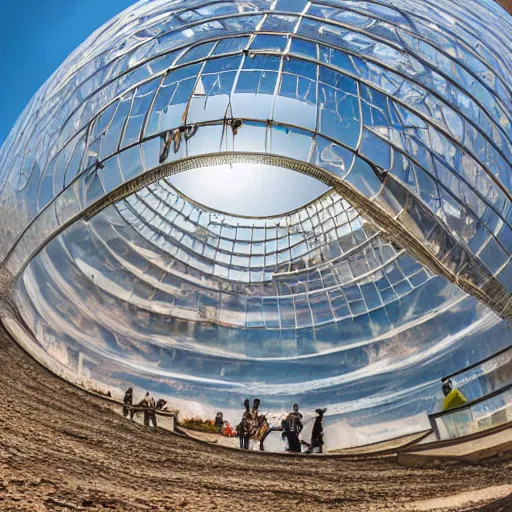 Prompt: A realistic photo of a huge transparent megastructure in the shape of a sphere, it has a staircase inside, located in the center of a desert, people are walking up the stairs, photography, award winning, 8k