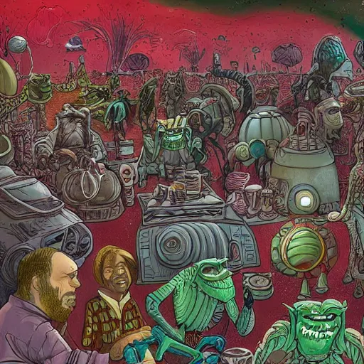 Image similar to crowded extraterrestrial bazaar on another planet, Jim Henson creature shop, highly detailed, illustration