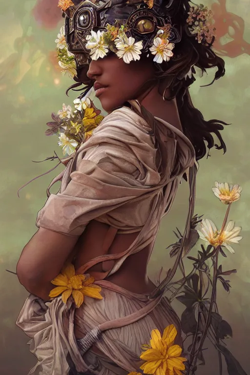 Prompt: ultra realistic illustration, a beautiful swahili girl with flowers blossoming from helmet, elegant, highly detailed, digital painting, concept art, smooth, sharp focus, illustration, art by artgerm and greg rutkowski and alphonse mucha