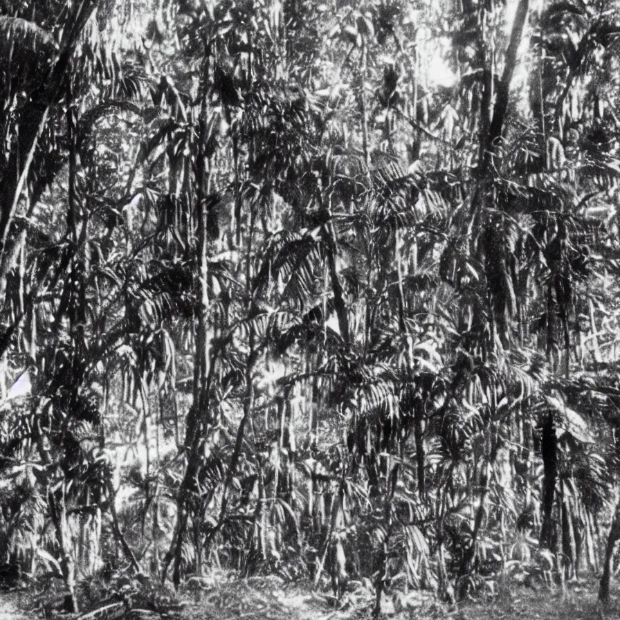 Prompt: a lost film footage from an object used by an indigenous tribe in the tropical forest, film still, cinematic, out of focus, enhanced, 1 9 2 0 s, black and white, grain