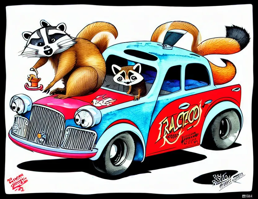 Image similar to cute and funny, racoon riding in a tiny hot rod coupe with oversized engine, ratfink style by ed roth, centered award winning watercolor pen illustration, isometric illustration by chihiro iwasaki, edited by range murata