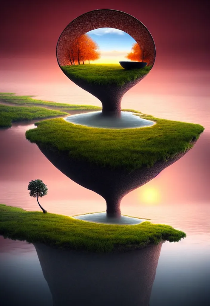 Prompt: a surreal landscape at sunset with a immense gigantic ornated iron chalice cup with a lake inside, water in excess droping by gediminas pranckevicius