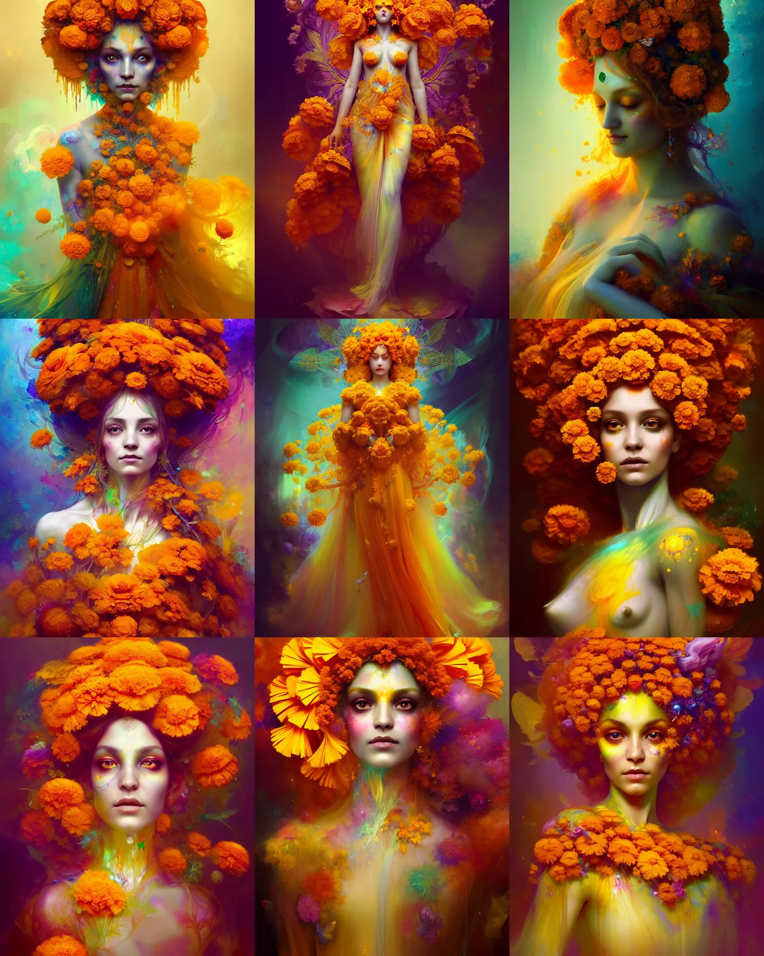 Image similar to Full View Portrait Mystical ethereal marigold deity wearing beautiful dress, marigold Dryad, 4k digital masterpiece by Anna dittman and Ruan Jia and Alberto Seveso, fantasycore, Hyperdetailed, realistic oil on linen, soft lighting, marigold background, featured on Artstation