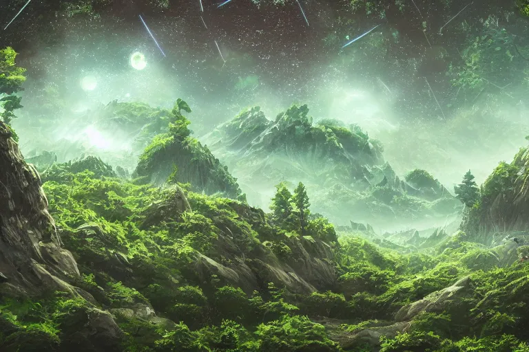 Prompt: green themed mechanical forest mountain landscape, meteor shower, epic, miyazaki style, cinematic, indie, highly detailed, featured on artstation, highly detailed, abstract