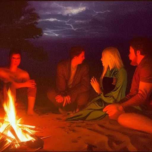 Image similar to Elle Fanning resting at a cult bonfire at night in the world of Edward Hopper, stormy weather, beach, extremely detailed masterpiece, oil on canvas, low-key neon lighting, artstation, Blade Runner 2049, Roger Deakin’s cinematography, by J. C. Leyendecker and Peter Paul Rubens,