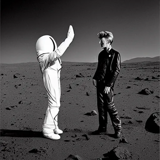 Prompt: wetplate photography, david bowie meeting a starman on mars