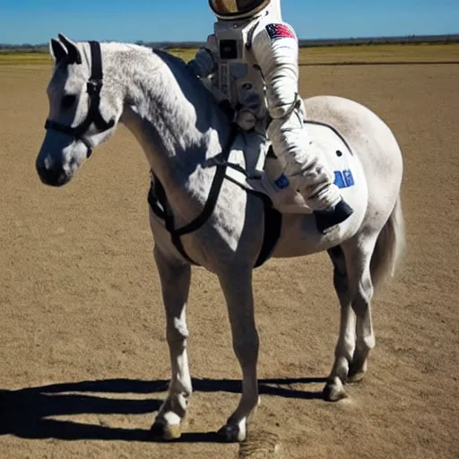 Image similar to photo of astronaut standing on all fours with a cute dappled horse which is sitting on his back in saddle