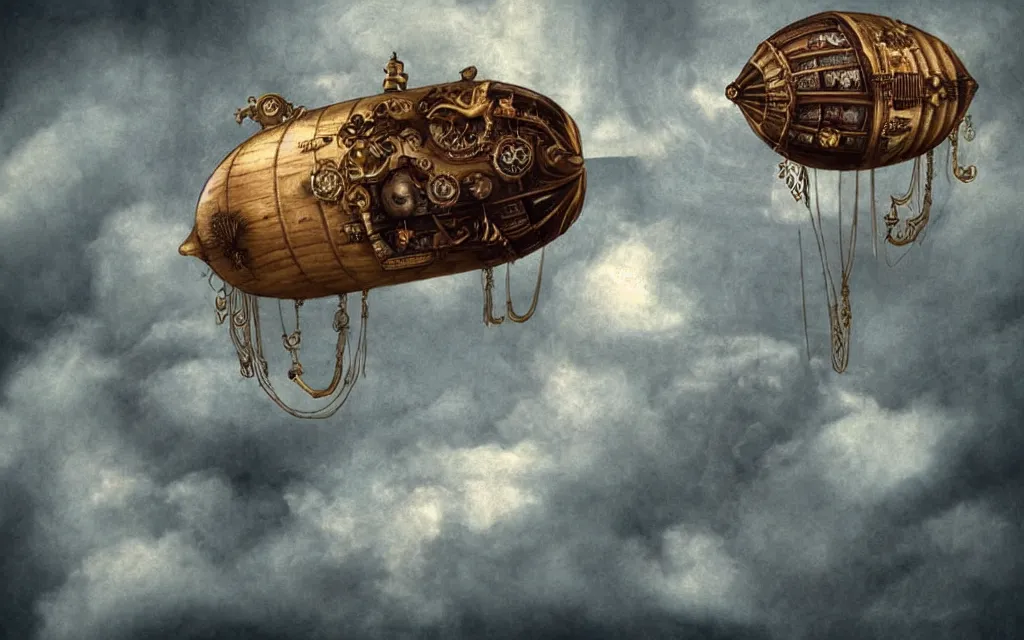 Prompt: steampunk dirigible floating between swirling clouds. haze. rococo style