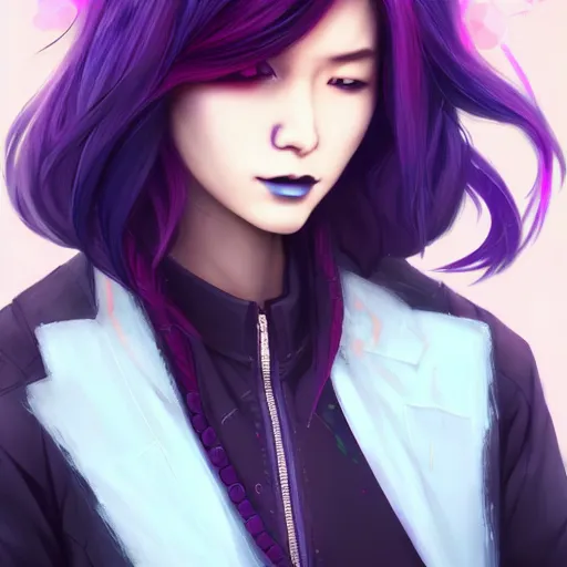 Image similar to a portrait of a young asian cyberpunk woman with dark purple hair, art by lois van baarle and loish and ross tran and rossdraws and sam yang and samdoesarts and artgerm and saruei and disney, digital art, highly detailed, intricate, sharp focus, trending on artstation hq, deviantart, unreal engine 5, 4 k uhd image