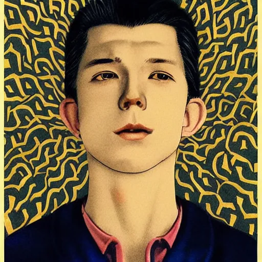 Image similar to “ tom holland portrait by ikenaga yasunari and ayana otake and ko rakusui, 6 0 s poster, drawing, realistic, sharp focus, japanese, dreamy, nostalgia, faded, golden hues, floral clothes ”