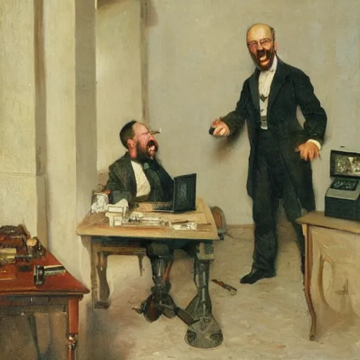 Image similar to an angry man yells at his computer monitor, oil on canvas, 1 8 8 3, highly detailed