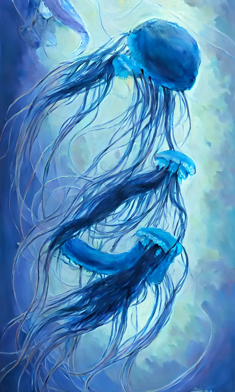 Image similar to detailed jellyfish, blue tones, underwater, full frame, highly detailed, digital painting, artstation, concept art, smooth, sharp focus, illustration, art greg rutkowski and alphonse mucha