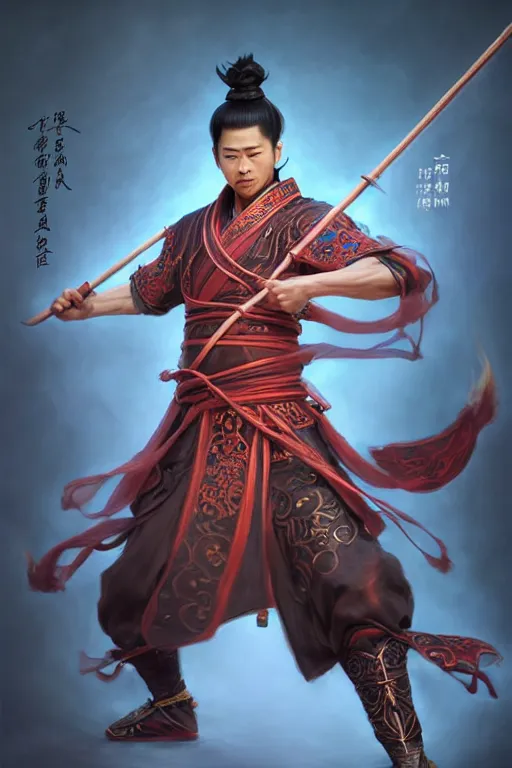 Prompt: handsome nezha, highly detailed, man holding spear, flame everywhere, epic pose, masterpiece chinese fantasy character portrait, highly detailed, digital painting, trending on artstation, concept art, sharp focus, illustration, global illumination, ray tracing, realistic shaded, art by artgerm and greg rutkowski and fuji choko and viktoria gavrilenko and hoang lap