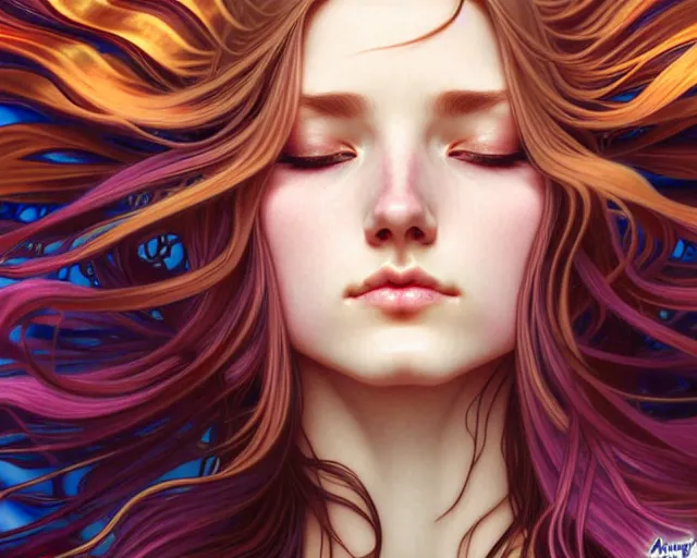 Image similar to overlord, psychedelic flowing hair, close eyes, portrait, highly detailed, deep focus, elegant, digital painting, smooth, sharp focus, illustration, ultra realistic, 8 k, art by artgerm and alphonse mucha