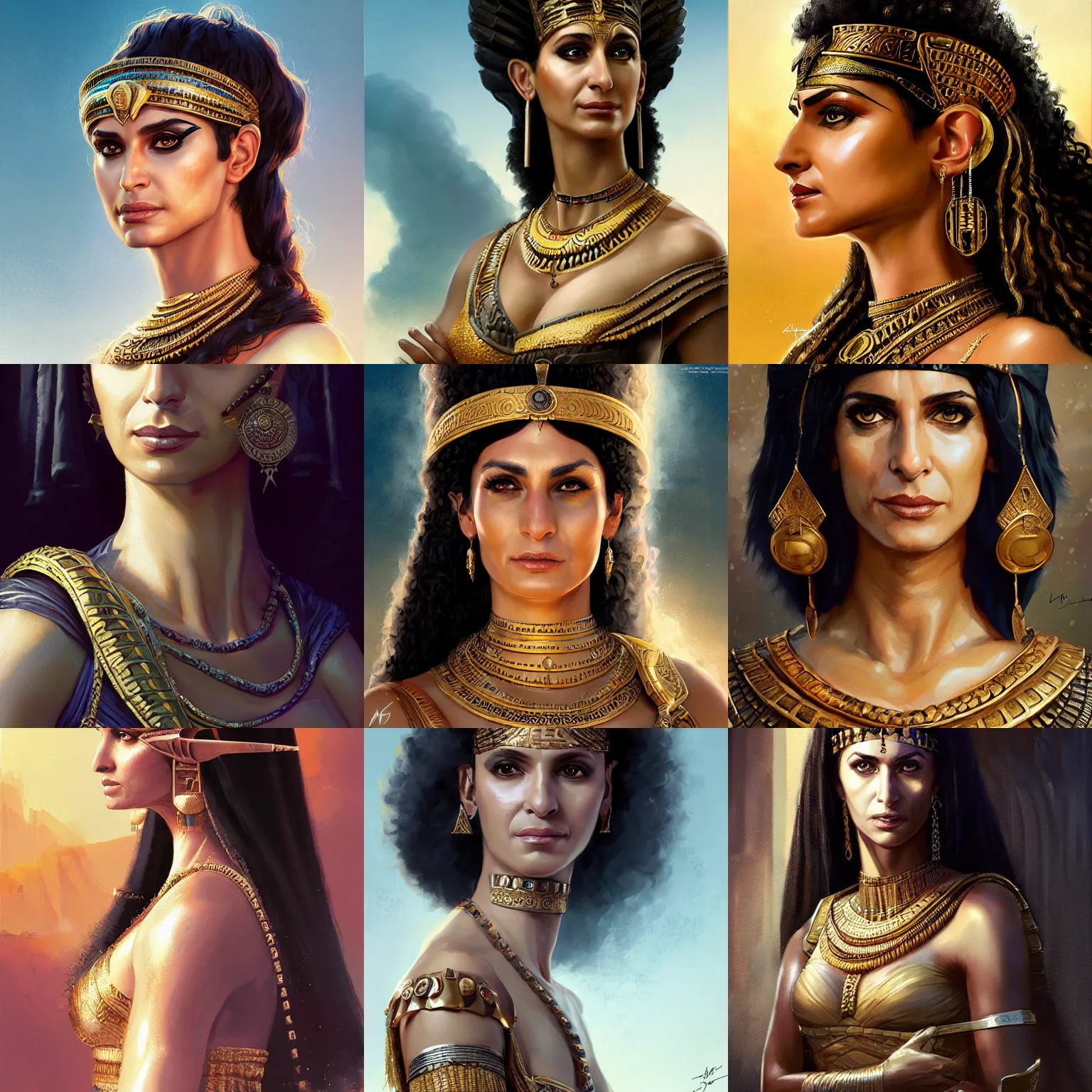 Prompt: melina kanakaredes as cleopatra, art by artgerm and greg rutkowski and magali villeneuve, portrait, highly detailed, digital painting, trending on artstation, concept art, sharp focus, illustration