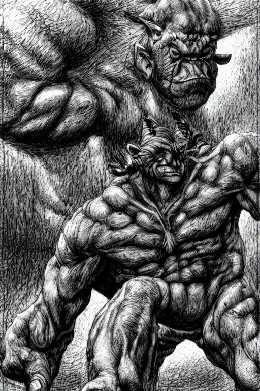 Image similar to humanoid hunched figure troll with 1 horn, ogre, ape, highly detailed, digital art, sharp focus, trending on art station, kentaro miura manga art style