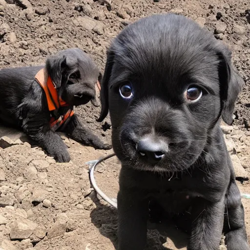 Prompt: puppy working in a coal mine,