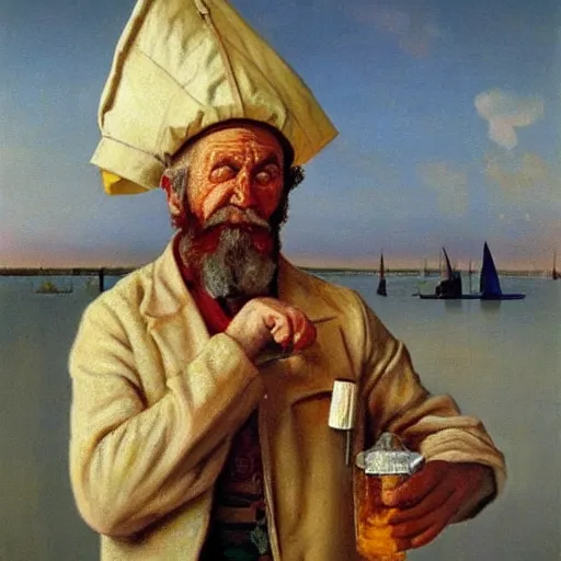 Image similar to painting of sailor hobo hyperrealism vasily vereshchagin with beer mug