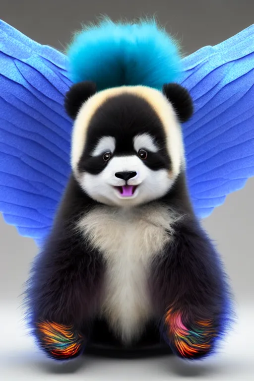 Image similar to high quality 3 d render hyperrealist very cute multicolor stripped fluffy! phoenix panda hybrid with wings!! highly detailed, vray smooth, in the style of detective pikachu, hannah yata charlie immer, dramatic blue light, low angle, uhd 8 k, sharp focus