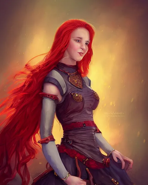 Image similar to fantasy portrait of a happy young women looking with red hair and freckles, slight smile, renaissance colorful dress, leather armor, music instrument in hand, backlit, digital painting, photoshop Artstation, sfw