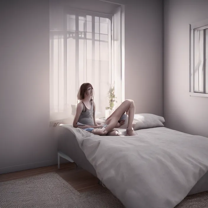 Prompt: a girl in a room with light gray walls sits on a bed, sunset light, edward hopper style. cinematic, hyper realism, high detail, octane render, 8k, iridescent accents