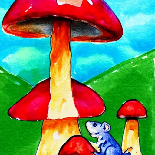 Prompt: a children painting of a cute creature sitting next to a mushroom, detailed, realistic