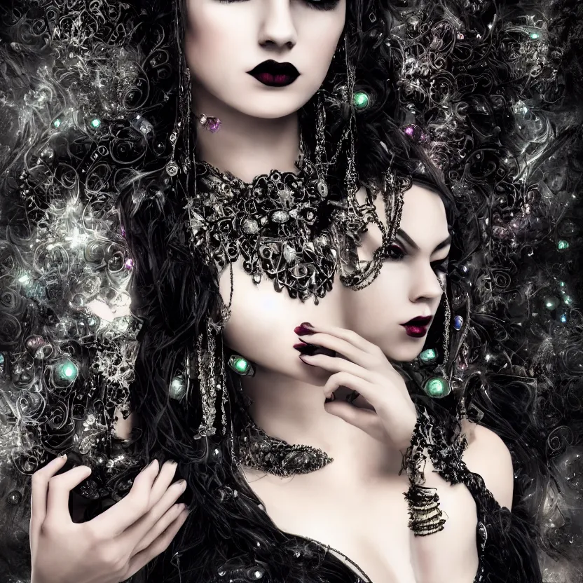 Image similar to stunning Gothic goddess of jewels beauty, dark and mysterious, atmospheric, ominous, eerie, cinematic, Epic, 8k, 4k, ultra detail, ultra realistic, rendered by awesomeness