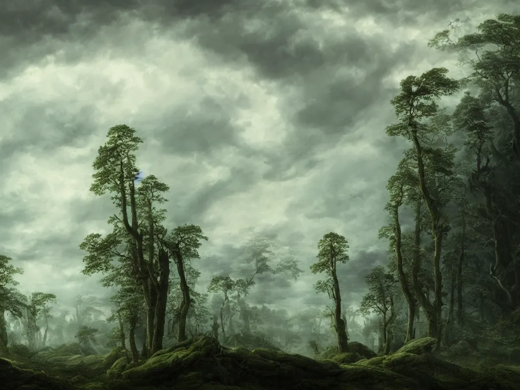 Image similar to detailed landscape, forests. very detailed dark super storm, hyper realistic clouds, impressive, magical, very atmospheric, smoke boiling, cinematic, deep, very high complexity, stunning, masterpiece, chiaroscuro, in the style of caspar david friedrich and laura den hertog, very detailed. 4 k