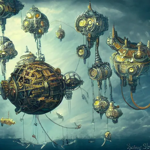 Prompt: flying city in a mechanical flower, flying city, detailed, sky, fantasy art, steampunk, masterpiece