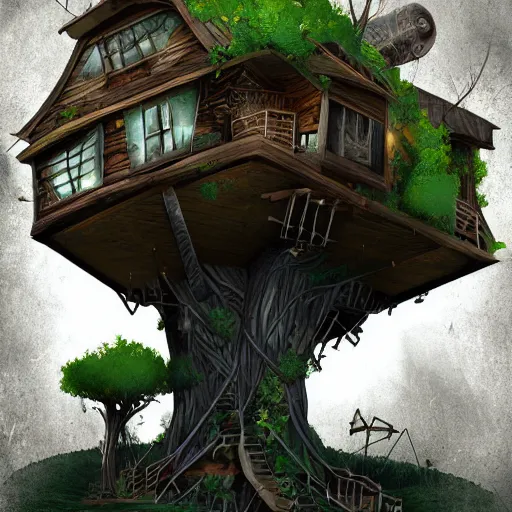 Prompt: post - apocalyptic dark liminal space dark paradise tree house, digital art, by pixar