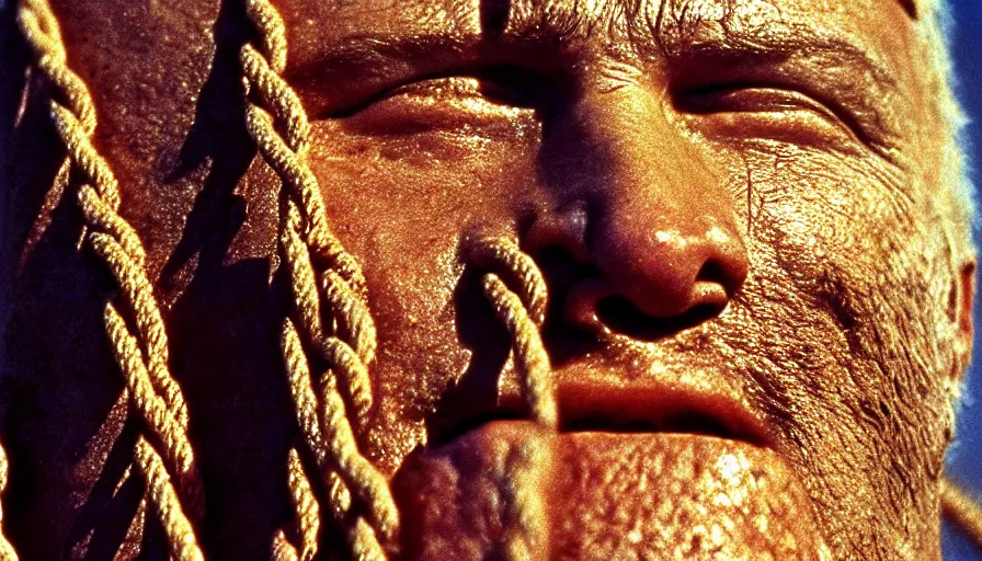 Image similar to 1 9 7 0 s movie still close - up of marcus atilius regulus'face tied with ropes at a pole with wide - open eyes looking directly at the burning sun, his eyes are bleeding intense, cinestill 8 0 0 t 3 5 mm, high quality, heavy grain, high detail, texture, dramatic light