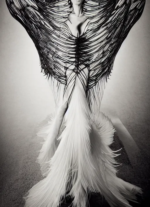 Image similar to a portrait of beautiful model tessa kuragi wearing iris van herpen dress, by serge lutens, photorealistic, intricate details, hyper realistic, photorealistic, canon r 3, photography, symmetrical features, symmetrical pose, wide angle shot, head to toe, standing pose, feet on the ground,