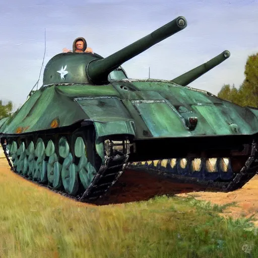 Prompt: A painting of a T-34-85 tank pointing up