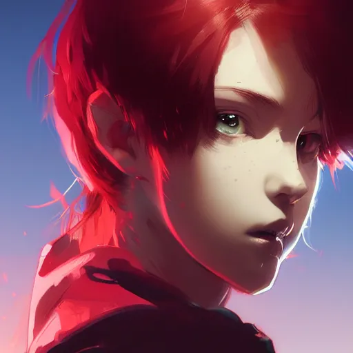 Image similar to portrait of a teen girl with short red hair, dramatic lighting, anime illustration by Alexis Franklin, Greg rutkowski, yoji shinkawa, 4k, digital art, concept art, trending on artstation, アニメ, featured on pixiv