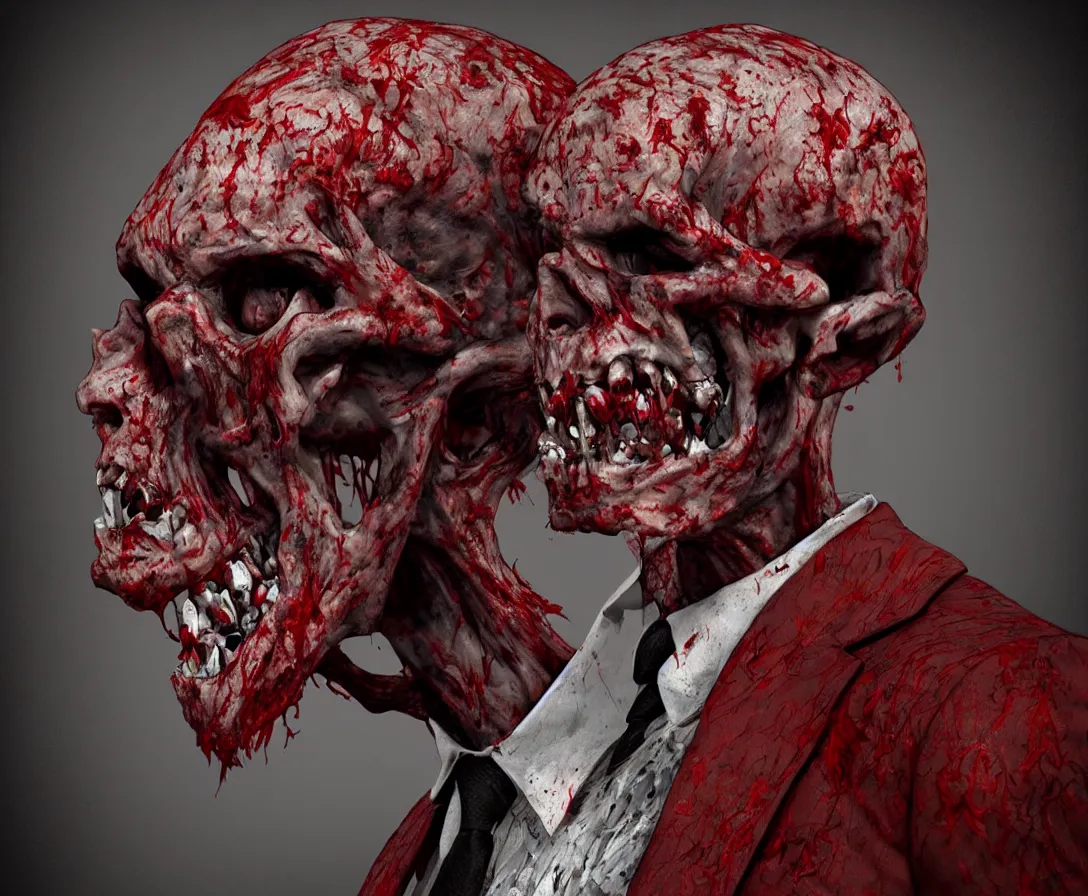 Prompt: highly detailed zombie with half his head brain out of the skull one falling eye no jaw dirty shredded clothes black suit red tie, highly detailed, centered, realism, provided by unreal engine, artstation, art, 1 9 4 0's photography, kodak, canon