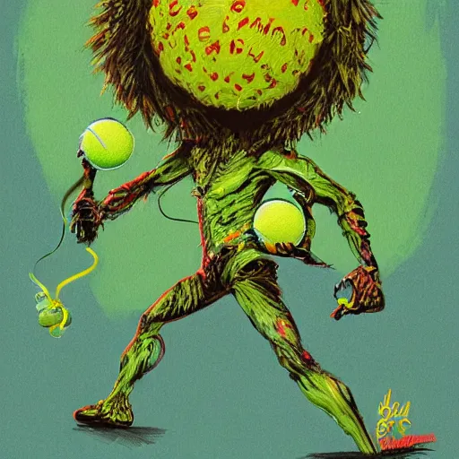 Image similar to a tennis ball monster, digital art, fantasy, magic, trending on artstation, ultra detailed, professional illustration by Basil Gogos