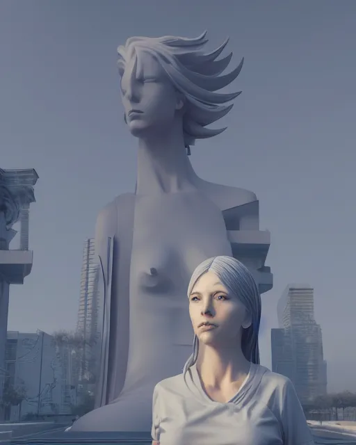 Image similar to a cgsociety render of a foreground woman standing in front of a background huge statue, a screenshot by stanley twardowicz, cgsociety, aestheticism, aesthetic, vaporwave, anime aesthetic