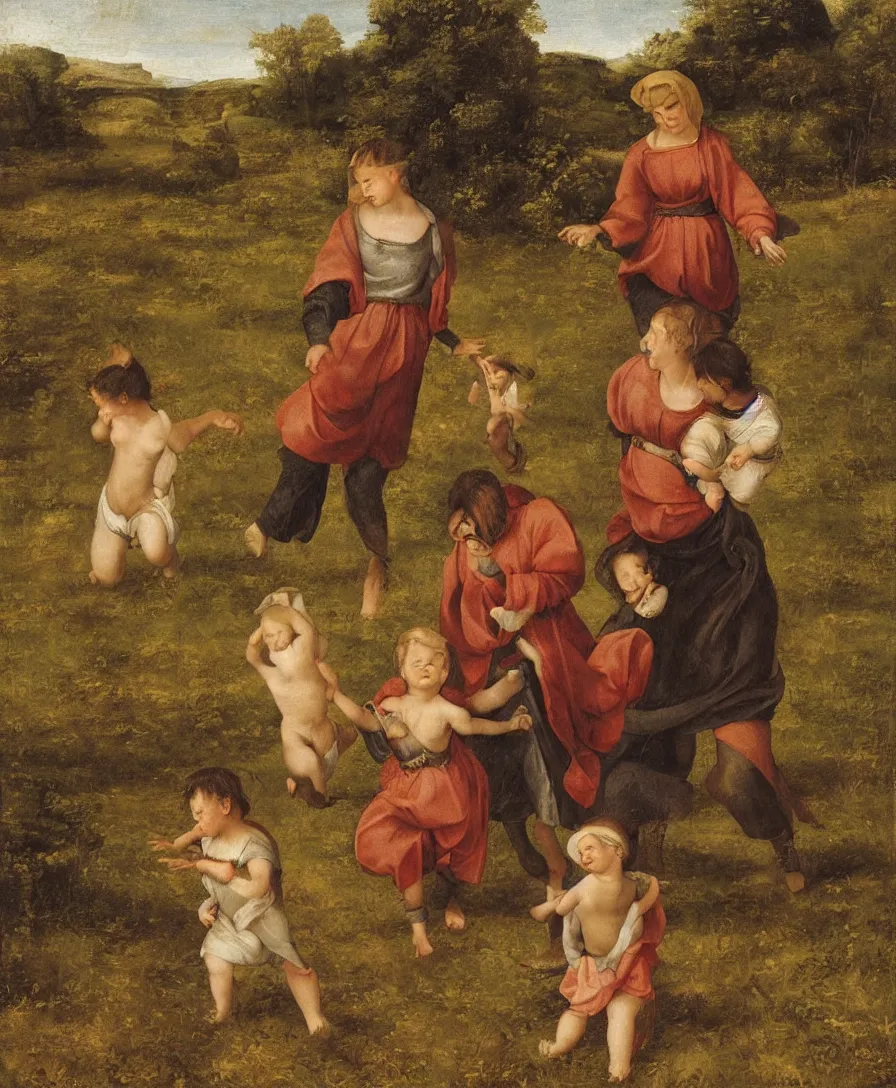 Image similar to a woman playing with two small boys in a dried out meadow, in the style of Raffael, oil painting, Italian Renaissance