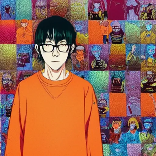 Image similar to a colorful portait of a 2 4 years old man with an orange sweetshirt made by inio asano, detailed