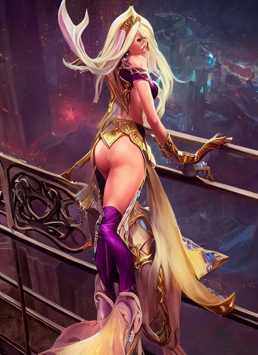 Prompt: luxanna crownguard leaning on railing, from league of legends, view from behind, hyper detailed, digital art, trending in artstation, cinematic lighting, studio quality, smooth render, fluorescent skin, sharp focus, intricate, elegant, highly detailed, art style by klimt and nixeu and ian sprigger and wlop and krenz cushart