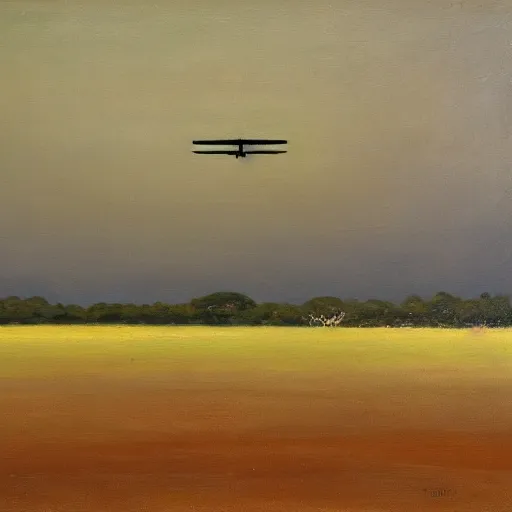 Image similar to a painting of a plane flying in the sky, a minimalist painting, australian tonalism, oil on canvas