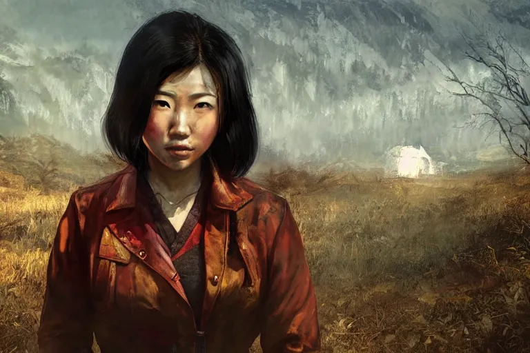 Prompt: fallout 5, charismatic beautiful rugged asian female protagonist, portrait, outdoors japanese rural countryside, atmospheric lighting, painted, intricate, volumetric lighting, daytime, winter, clear weather, mutated wildlife, golden hour, sharp focus, deep colours, ultra detailed, art by william turner