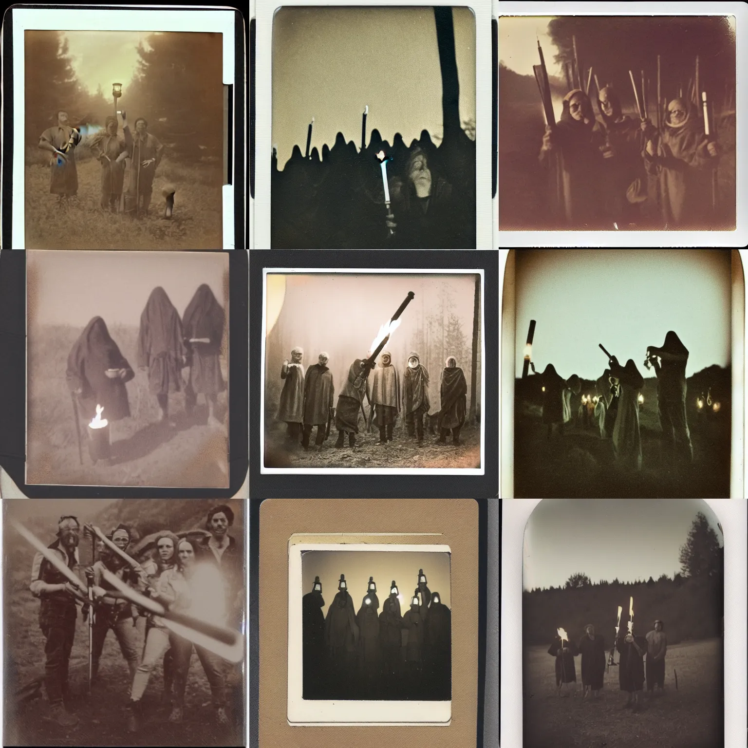 Prompt: old polaroid depicting cultists with torches, at dusk
