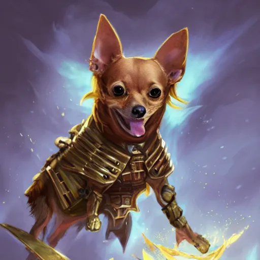 Prompt: tan coloured chihuahua Dog, battle armour, Anthropomorphized, casting epic spell, magic the gathering artwork, D&D, fantasy, cinematic lighting, centered, symmetrical, highly detailed, digital painting, artstation, concept art, smooth, sharp focus, illustration, volumetric lighting, epic Composition, 8k, art by Akihiko Yoshida and Greg Rutkowski and Craig Mullins, heroic pose, oil painting, cgsociety, magic lab background