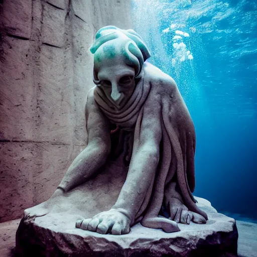 Image similar to illithid, eldritch, ancient marble statue, underwater photography