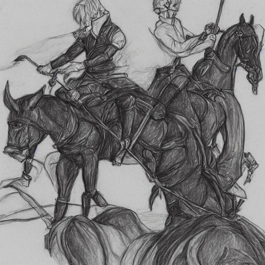 Prompt: sketch of single Draco Malfoy riding one black horse at Hogwarts, drawings, by Mary GrandPré, extreme detail