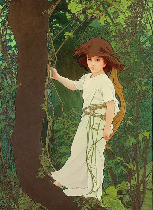 Image similar to young boy with long hair, climbing a tree, path traced, highly detailed, high quality, digital painting, by studio ghibli and alphonse mucha, leesha hannigan, hidari, art nouveau, chiho aoshima, jules bastien - lepage